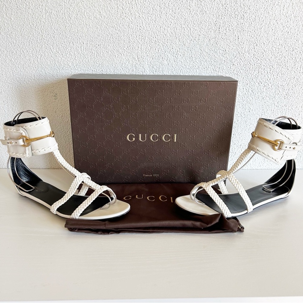 Gucci Ursula White Horsebit Flat Leather Sandals Size EU 38 - Picture 3 of 14